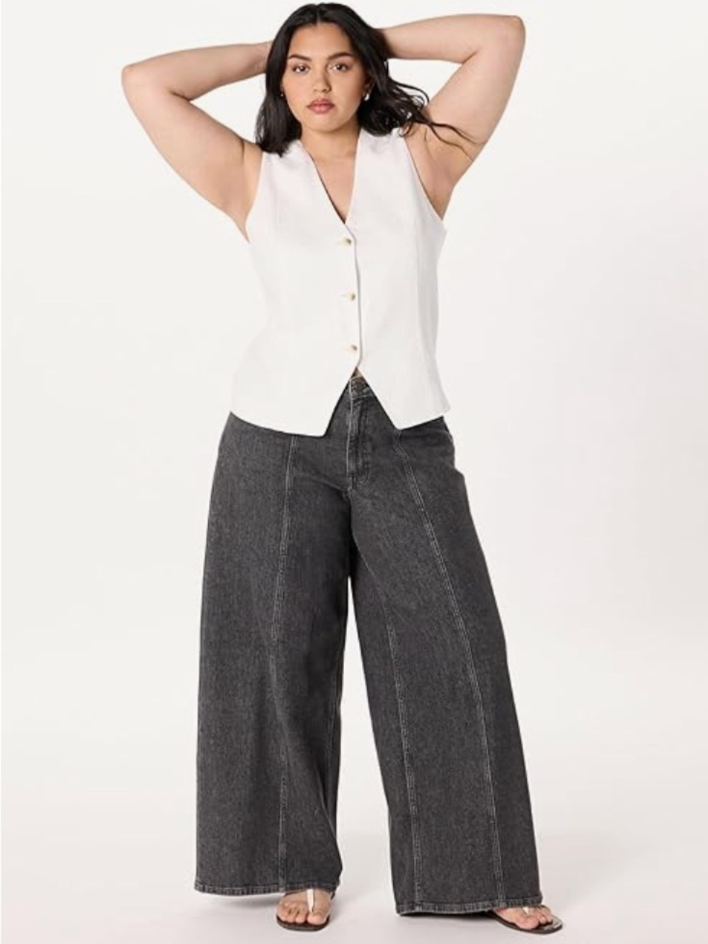 Sleeveless V-Neck Button Front Top - Cream - Picture 4 of 7